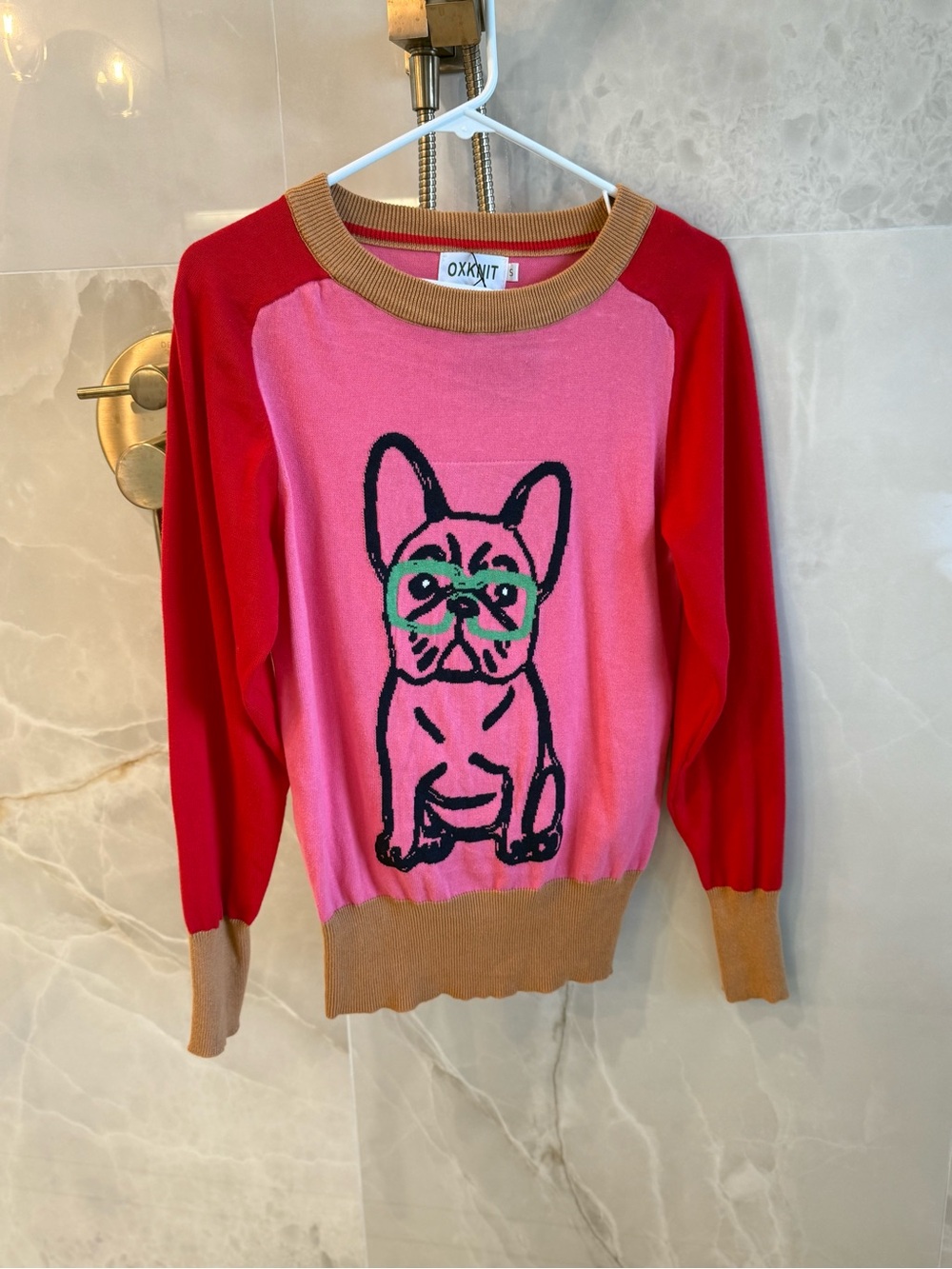 OXKNIT Pink & Red French Bulldog Crewneck Sweater with Tan Trim